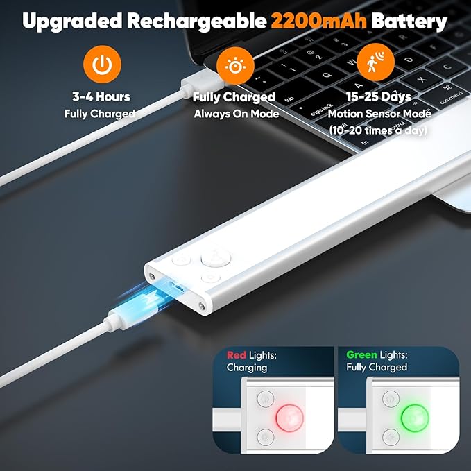 10 Inch Under Cabinet Lights, 2200mAh Rechargeable Battery Operated Motion Sensor Lights Indoor, Wireless Dimmable Closet Lights, 3 Color Under Counter Magnetic Night Lights for Kitchen, Stair, 3-Pack