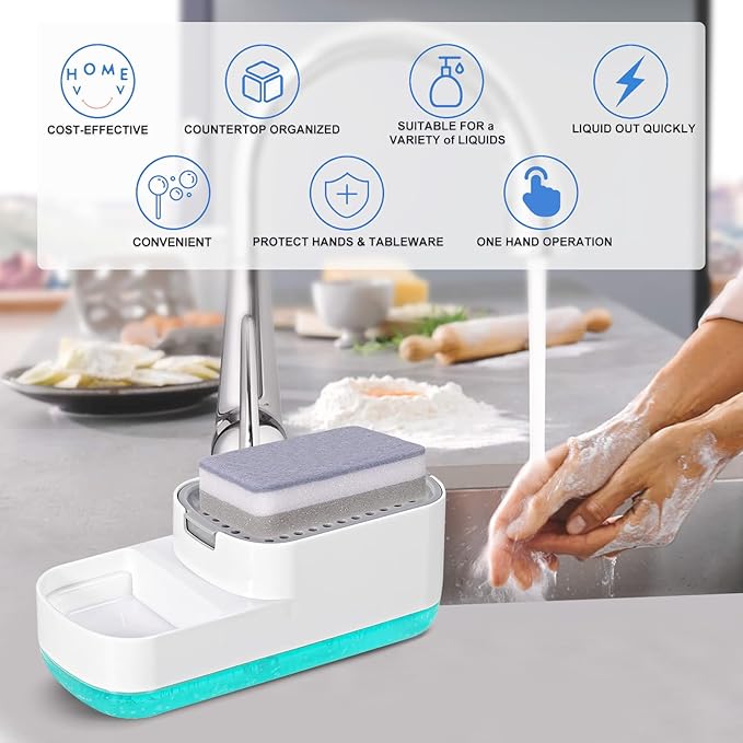 Dish Soap Dispenser for Kitchen Sink with Sponge Holder 3 in 1 Easy Refill Dish Soap Dispenser with Sponge Holder 20 Ounces Sponge Soap Dispenser- White