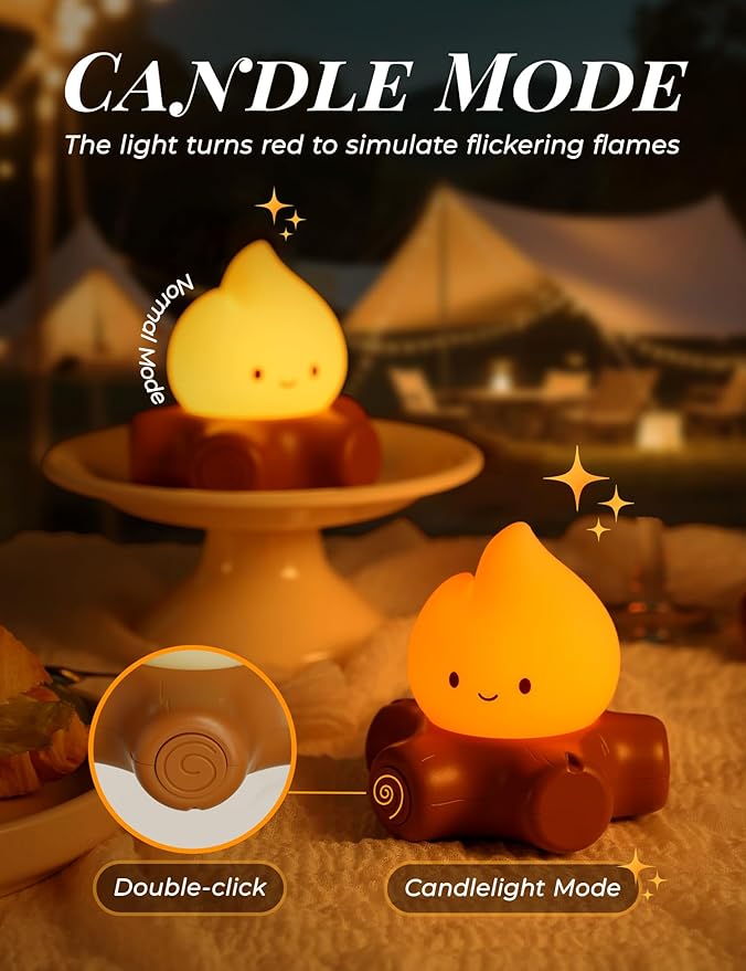 WANIDEA Fake Campfire Lamp, Ambient Lighting, Desk Accessories, Portable Rechargeable Night Light, Candlelight Mode Mood Lighting, Bedroom, Desktop, Camping Decor, Cute Gifts