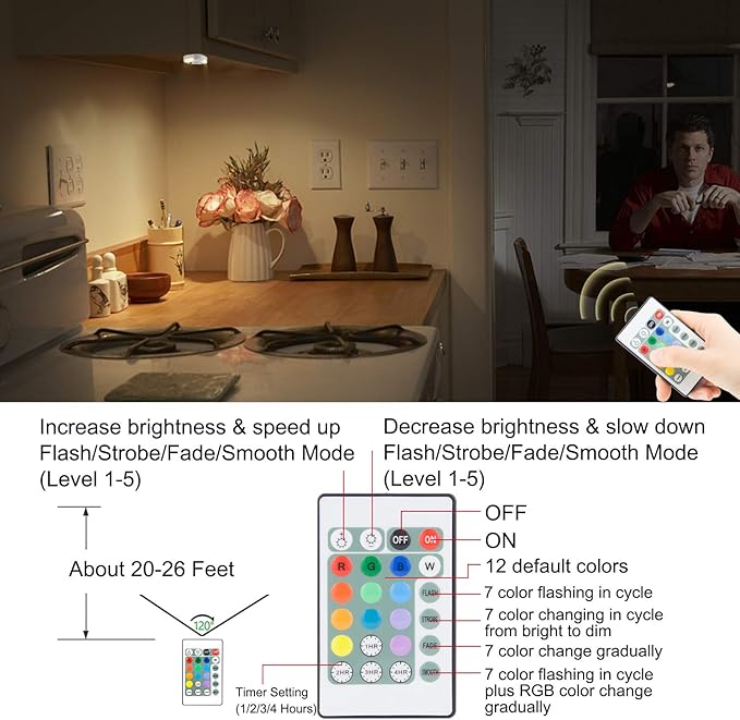 BIGMONAT Battery Operated Wireless Ceiling Light, RGB Shower Light with Timer, Dimmable Puck with Remote, Color Changing Stick on for Classroom Closet Pantry Cabinet Counter