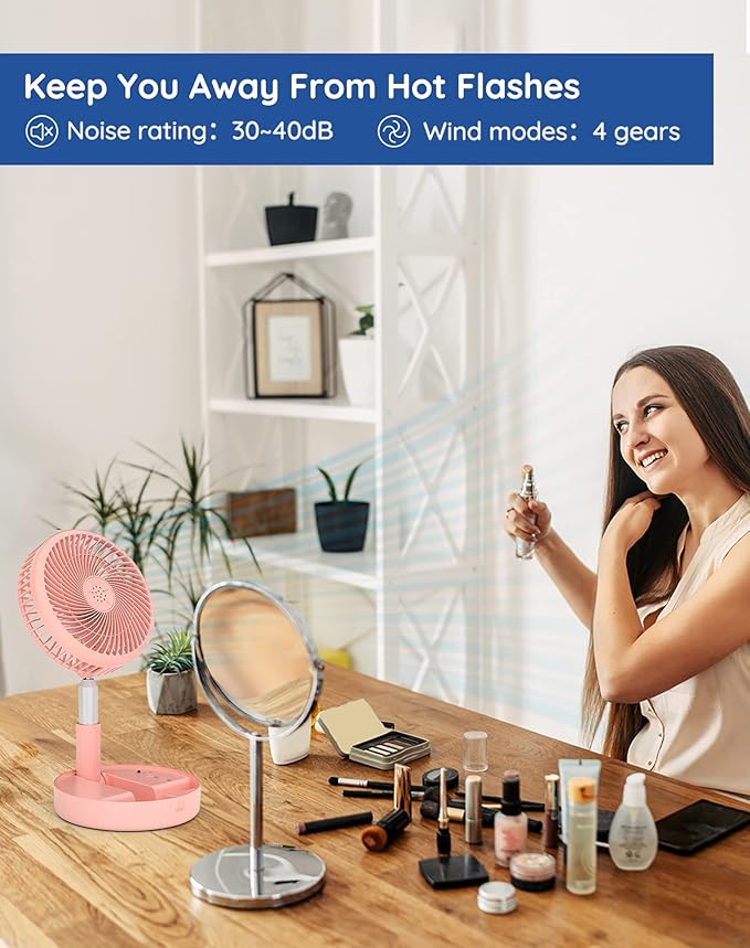 Primevolve Portable Fan,Battery Operated Rechargeable USB Fan with Remote, Foldable Floor Table Desk Pedestal Fan for Bedroom Camping Travel,Pink 7.7"