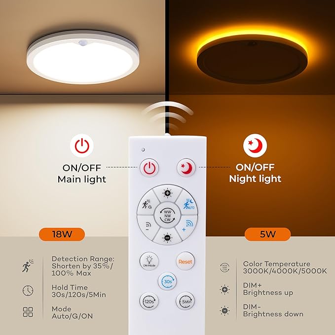 Annaror 2Pack Motion Sensor Ceiling Light with Remote, 8.7 Inch Wired Motion Sensor Light Indoor 3000K/4000K/5000K, 1800LM Dimmable Motion Activated Light for Closet Hallway Stairs White