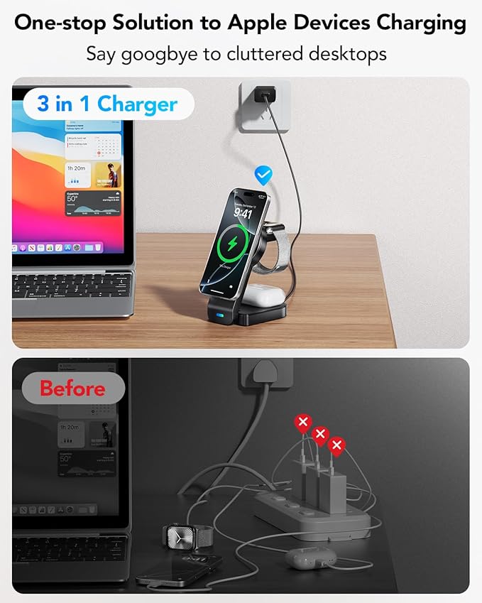 3 in 1 Wireless Charging Station Compatible with Apple,Foldable Magnetic Wireless Charger for iPhone 17/16/15/14/13/12,Apple Watch Series 11/Ultra 3/SE 3/10/9/8/7/6/5/4,Air-Pods Pro 3/4/3/Pro/2(Black)