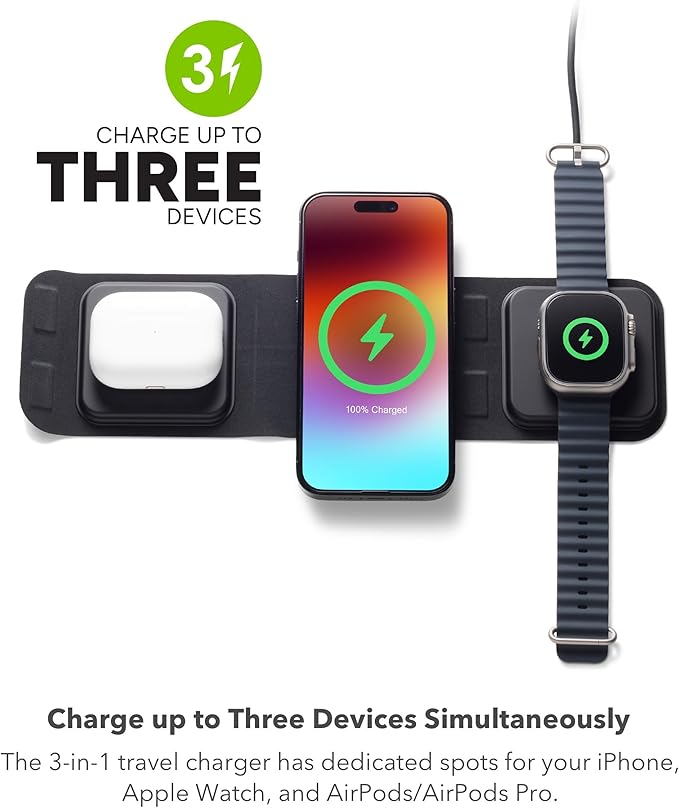 Mophie 3-in-1 Travel Charger v2 with MagSafe - Portable Wireless Charging Hub, Compatible with Apple Devices, iPhone 17/16/15/14/13/12, Apple Watch Series 11 to 1 & Ultra, AirPods Pro/3rd Gen, Black