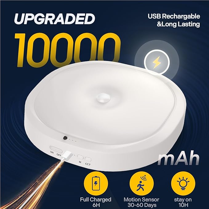 Rechargeable Motion Sensor Ceiling Light Indoor, Cordless Closet Light with 10000mAh Battery, 3 Color Temperatures, 550LM Motion Activated Light for Closet,Shower,Stairs,Pantry,Remote Control
