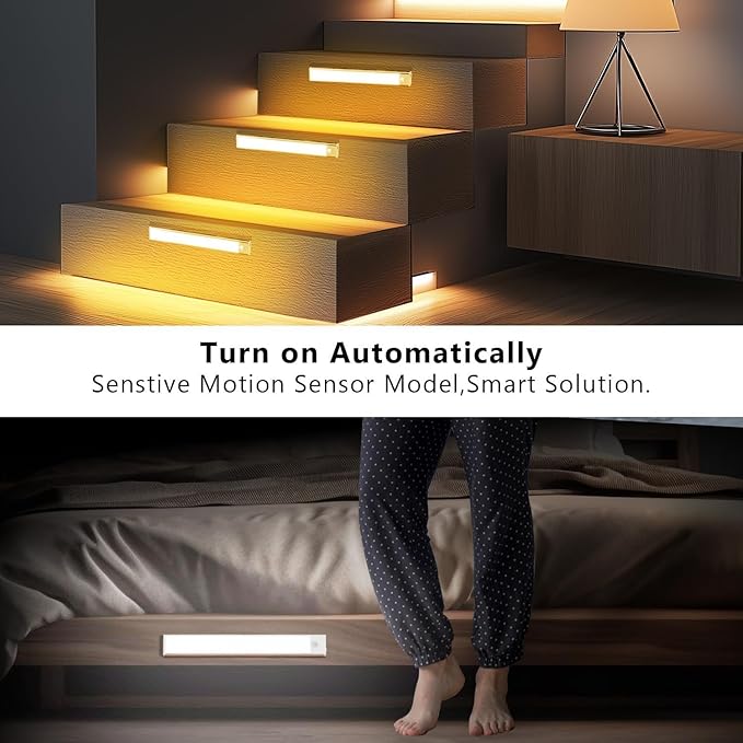 Under Cabinet Lighting Wireless, 2 Pack Under Cabinet Lights, Rechargeable Motion Sensor Light Indoor, 3 Color Temps, 5 Levels Dimmable Magnetic Closet Lights, Under Counter Lights for Kitchen, Stairs