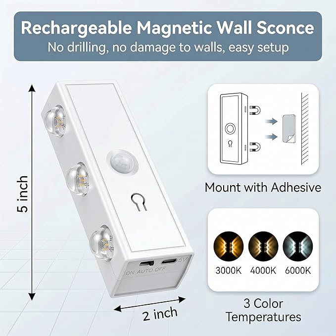 Motion Sensor Wall Lights, Rechargeable Peel and Stick On Sconces set of 2, Wireless No Drill Wall Lamp, 3CCT Dimmable Magnetic Mount for Hallway Closet Stair Bedroom