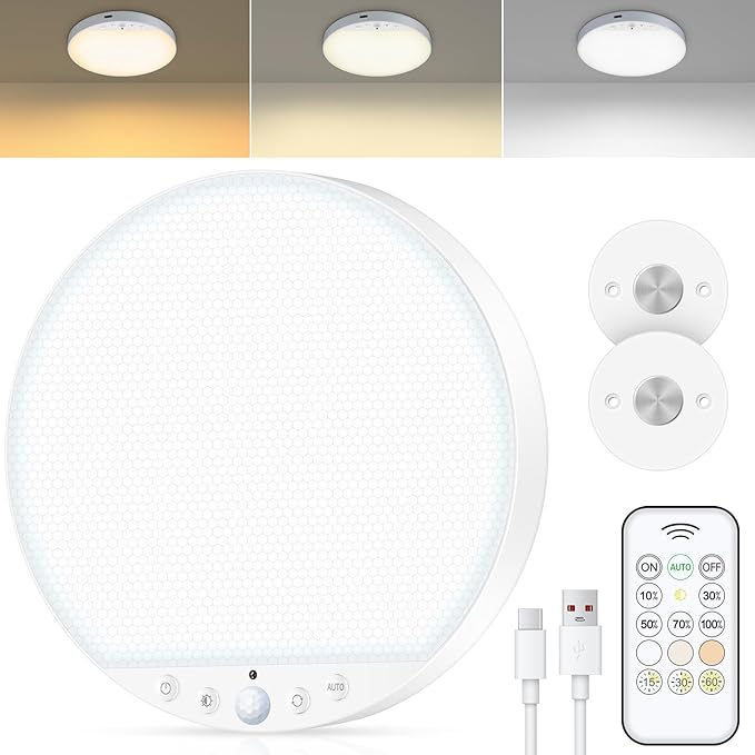 Rechargeable 8W Motion Sensor Ceiling Light Indoor, No Wiring & Magnetic Stick-On, Remote Control for Color & Brightness, Battery Operated Light for Shower, Closet, Bathroom, Pantry, Hallway, 1-Pack