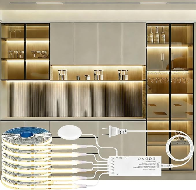 LED Shelf Light 12V,6.56Ft 6-in-1Dimmable Cuttable COB LED Strip Lights,with 60W Adapter Cabinet Light 4000K for Bookshelf, Display Cabinet, Closet, Kitchen and Pantry