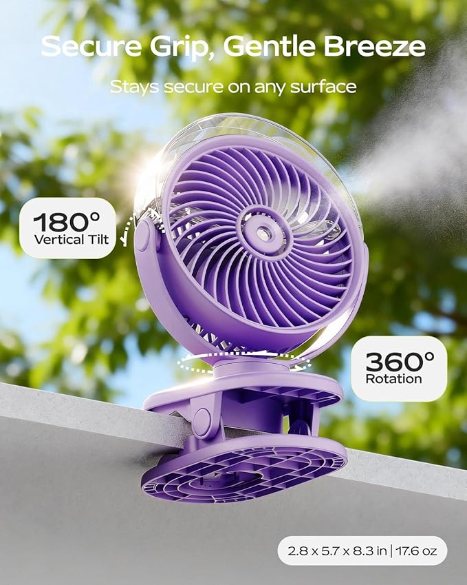 SWEETFULL Portable Misting Clip On Fan, USB-C Rechargeable Mini Personal Cooling Fan with 4 Speeds, 360° Rotatable, Quiet Cooling for Outdoor, Camping, Golf Cart, Travel, Stroller & Desk (Purple)