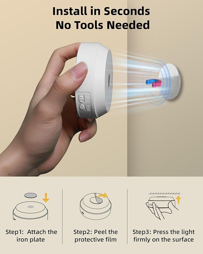 EZVALO 8 Pack Motion Sensor Closet Lights, 1200mAh Rechargeable Under Cabinet Lights, Night Lights, Puck Lights, Dimmable, 3 Color Temps, Magnetic, Stick-On for Kitchen, Stairs, Closet