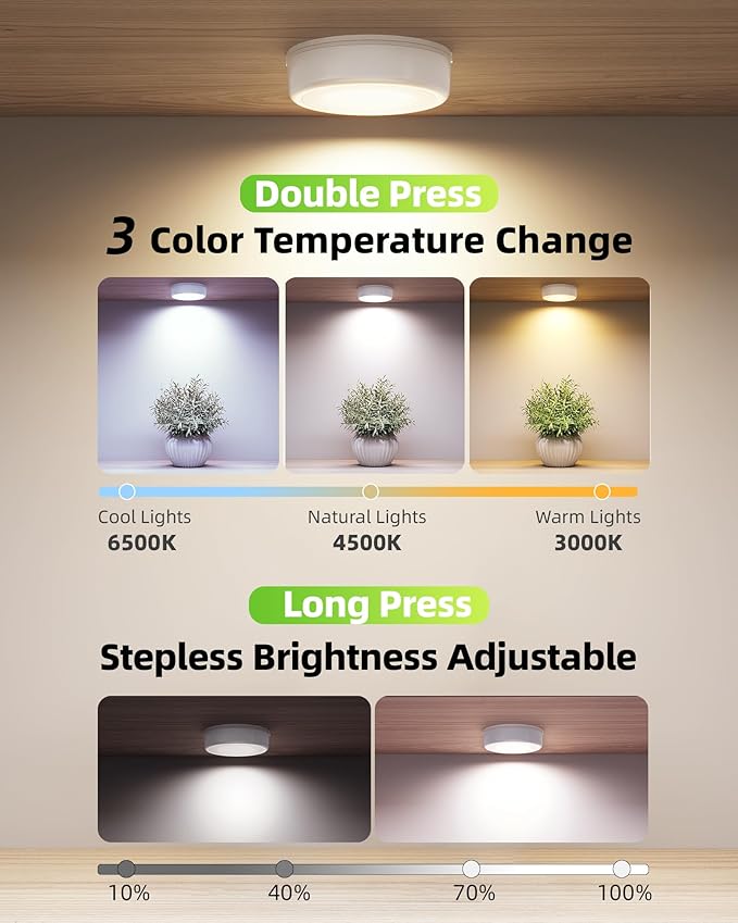 EZVALO LED Puck Lights with Charging Station, Rechargeable Stick On Tap Lights, Wireless Closet Light, 3 Color Temps, Under Cabinet Lights, 2.5'' Mini Touch Light for Kitchen,Pantry,Shelves(4 Pack)
