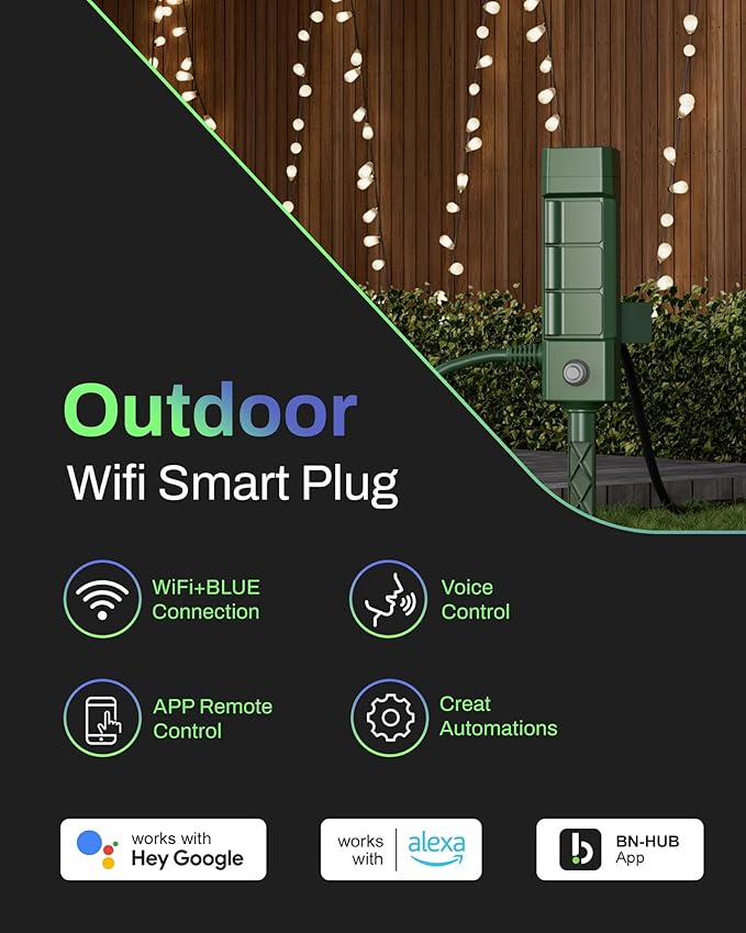 HBN Outdoor Smart Plug Waterproof WiFi Outdoor Outlet Timer with 6 Grounded Outlets, Remote & Voice Control Heavy Duty Yard Stake Plug Compatible with Alexa and Google Assistant No Hub Required