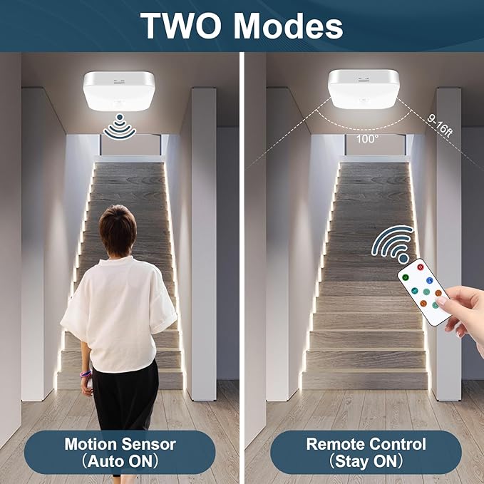 WhitePoplar Motion Sensor Rechargeable Ceiling Light Indoor with Remote, Wireless Battery Operated Rechargeable Sensor Light for Closet, Garage, Hallway, 3000K-6000K Battery Powered Shower Lights