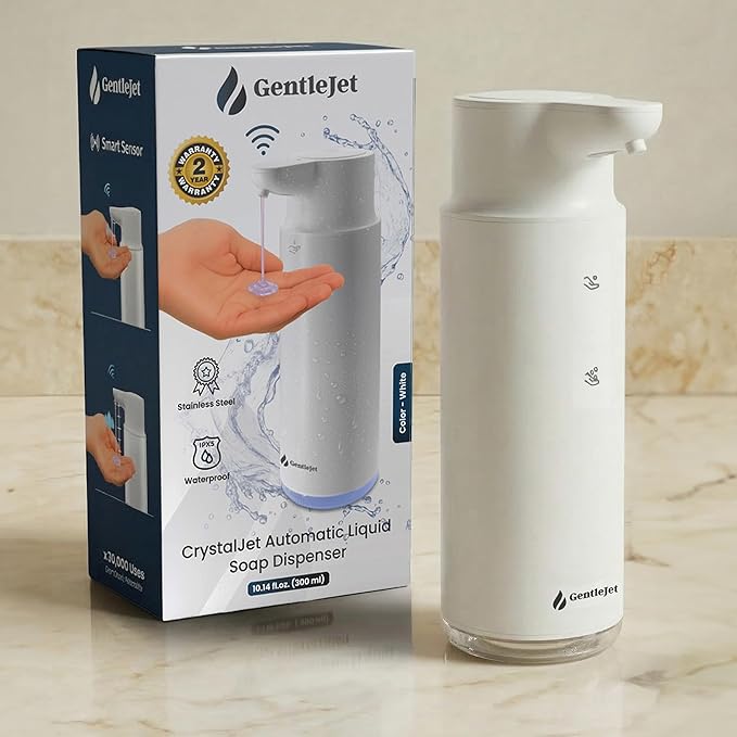 GentleJet CrystalJet Automatic Liquid Soap Dispenser Touchless Sensor, Stainless Steel, USB-C Rechargeable, Waterproof Kitchen & Bathroom Countertop Soap Dispenser, 300 ml