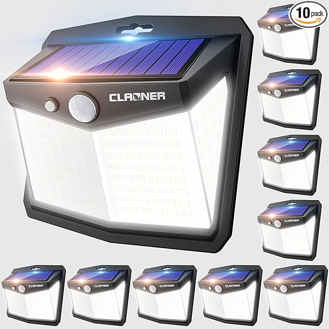 CLAONER Solar Lights Outdoor, [128 LED/10 Packs] Motion Sensor Lights 3 Working Modes for Outdoor with 270° Wide Angle Wireless IP65 Waterproof Security Light for Fence, Patio, Cold White