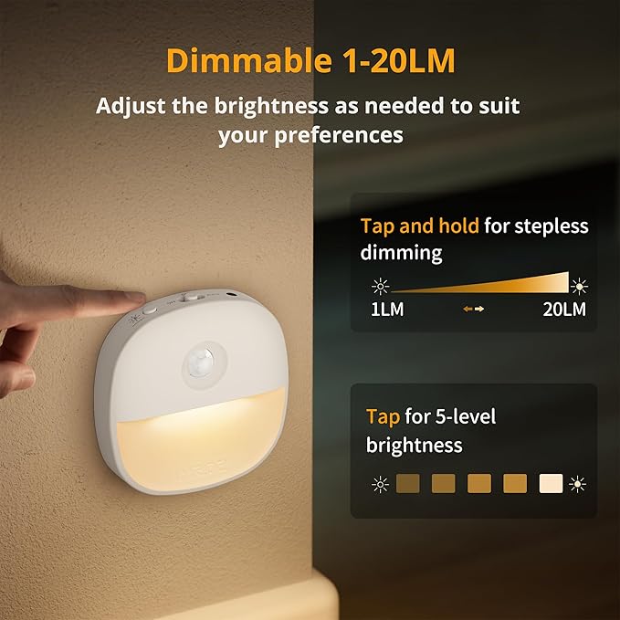 Lyridz Rechargeable Night Light, Motion Sensor Battery Nightlight, Mini Stick-on LED Closet Light, 1-20LM Dimmable Brightness for Bathroom, Bedroom, Kitchen, Washroom, Stairs, Hallway, 3-Pack