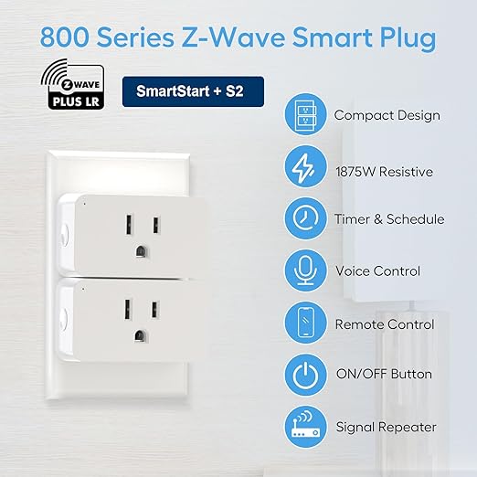 Zwave Smart Plug 800 Series Zwave Outlet Built-in Repeater Range Extender, Mini Zwave Plug Work with SmartThings, Wink, Alexa, Google Assistant, Z-Wave Hub Required, FCC and ETL Listed, 1875W