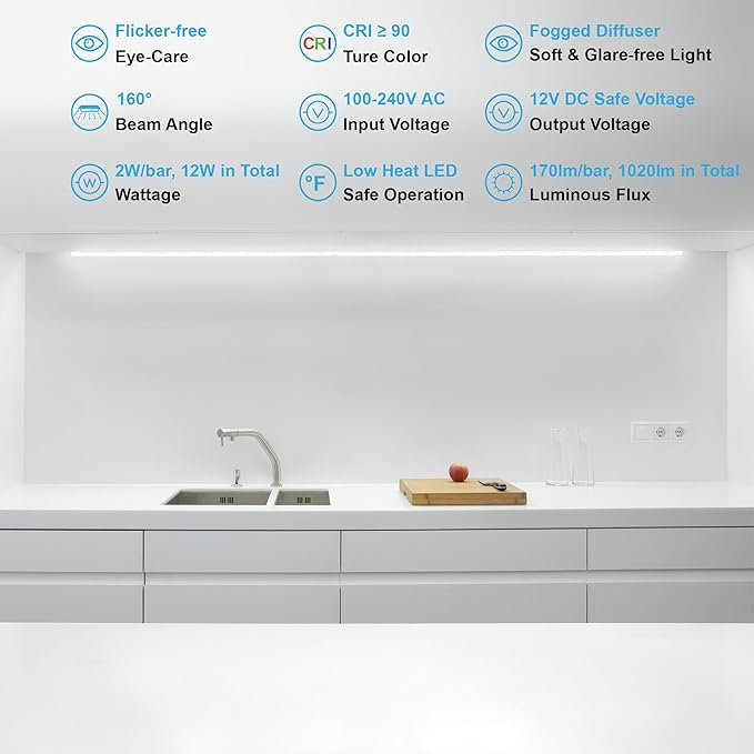 Motion Sensor Under Cabinet Lights, Plug in, Seamlessly Linkable, 6 Pcs 12 Inch Under Counter Lighting Bars for Kitchen, Closet, Gun Safe, Shelf, Display Case, LED 3000k Warm White