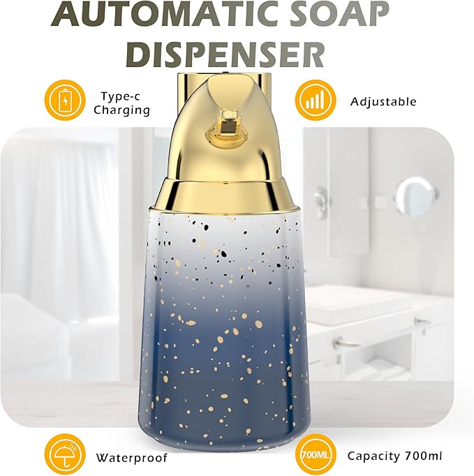 Adjustable Automatic Soap Dispenser Touchless, Ceramic Material，4 Adjustable Levels， Type-c Rechargeable Operated Sensor Liquid Soap Pump，Touch-Free Hand Sanitizer Dispenser (Starry Gold)