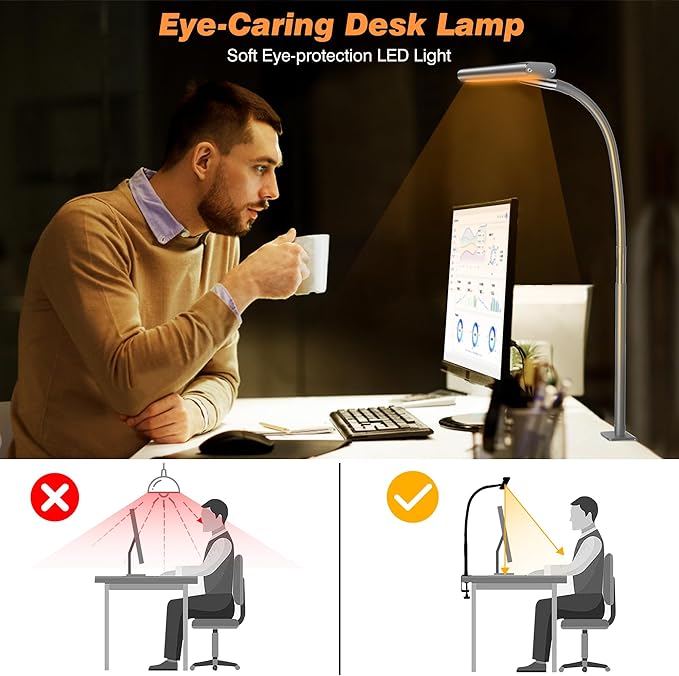 Airlonv LED Desk Lamp for Office Home, Eye-Caring Desk Light with Stepless Dimming Adjustable Flexible Gooseneck, 10W USB Adapter Desk Lamp with Clamp for Reading, Study, Workbench (Grey)