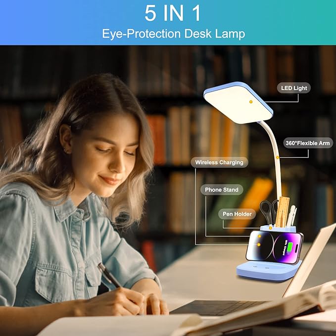 Small Desk Lamp, Blue Desk Lamp with Pen Holder, Wireless Charger LED Desk Lamps for Home Office, 800LM Flexible Arm 3 Modes Dimmable Touch Cute Desk Lamps, Study Lamps for College Dorm Room
