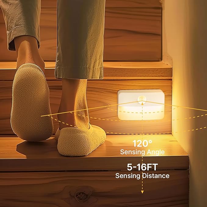 Guankai 16 Pack Motion Sensor Stair Light for Indoor, Battery Operated Closet Lights, Stick on Anywhere Hallway Lamp, Portable Led Night Lamps for Bedroom Under Cabinet Kitchen