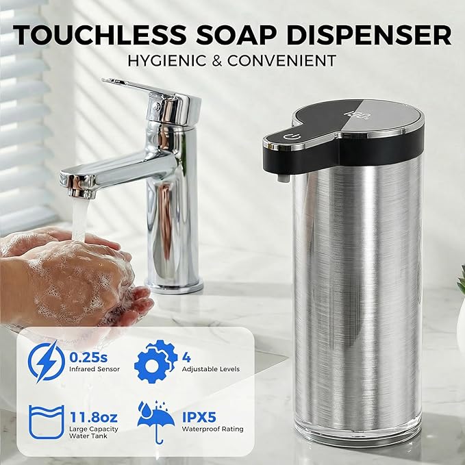 Automatic Liquid Soap Dispenser Touchless, Stainless Steel Hand Soap Dispenser, USB Rechargeable, 4 Adjustable Levels, 11.8oz/350ml for Kitchen and Bathroom (Stainless Steel Black, Liquid)