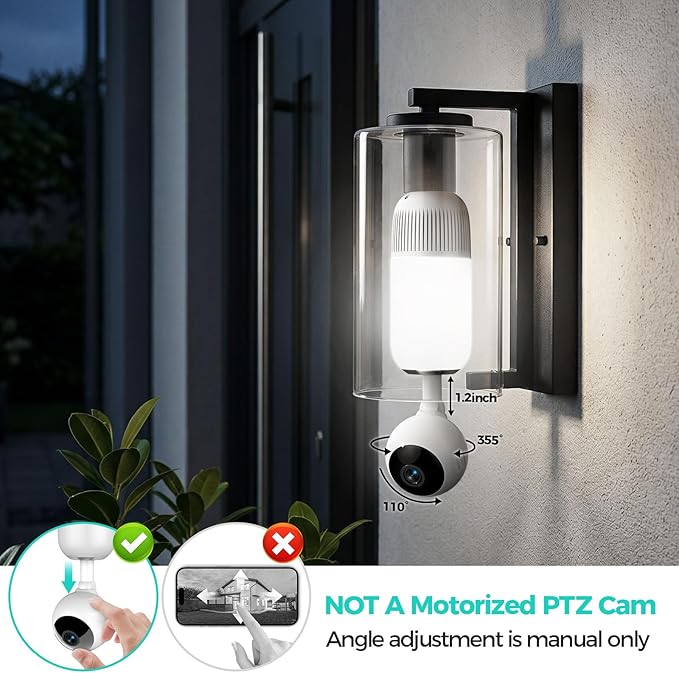 2K Light Bulb Security Cameras Outdoor Indoor - 355° Manual Pan / 110° Tilt Light Bulb Camera Wireless for Home Security with Color Night Vision, Motion Detection, SD/Cloud Storage, 2-Way Audio, Siren