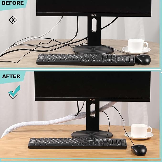 AGPTEK Cable Sleeve, 20ft - 1 inch Cable Management Desk Cord Cover Organizer Wire Hider for Home Office Computer TV Wire Loom Tubing Pet Proof Cord Protector from Cat Dog Chewing, White