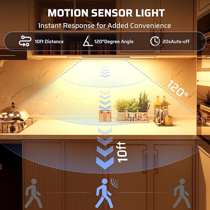 Under Cabinet Lighting Wireless LED Motion Sensor Magnetic Light 2200maAh Rechargeable Indoor Closet Lights for Kitchen, Stairs (5, Warm White, 10 Inch)
