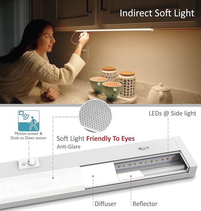 Leetdud Under Cabinet Lighting Motion Sensor Hardwired, 24 Inch 12W Dimmable, 5 CCT 2700/3000/3500/4000/5000K, Eyes Care Design Linkable Under Counter Lights for Kitchen, Sink, ETL Listed, White