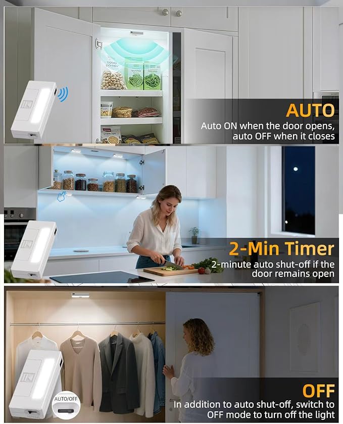 6 Pack Door Open Sensor Cabinet Lights, Cordless LED Cabinet Closet Light, Battery Operated Cupboard Drawer Light Door Activated Stick on Puck Lights for Inside Kitchen Cabinets, Closets