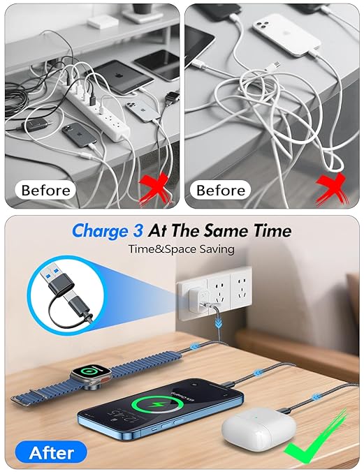 1Pack Multi Charging Cable Cord for Travel Essentials,Apple Watch Charger,iPhone Charger,[3-in-2] Type C/LCable Portable Designed for iWatch,iPhone 17-8,Galaxy S25-21,AirPods,iPad-1.8M Black