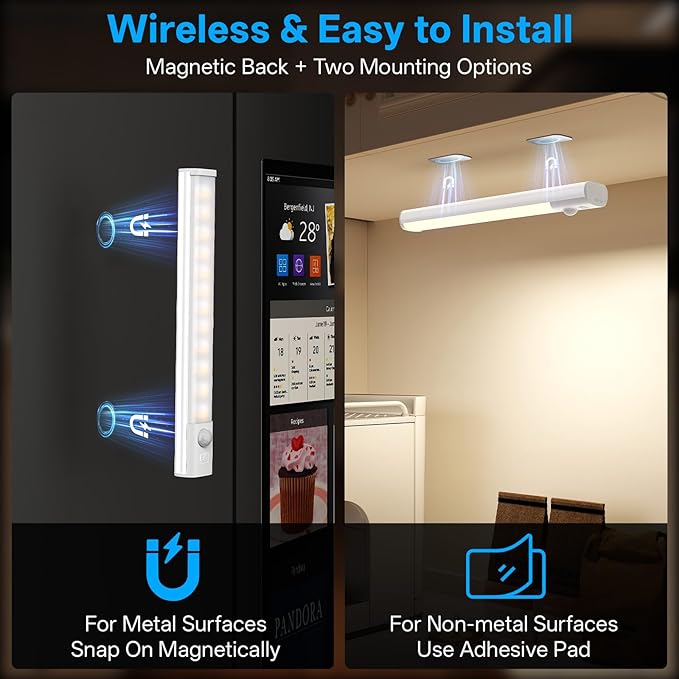 Under Cabinet Lighting with Charging Station,Rechargeable Motion Sensor Light Indoor,LED Closet Lights,3 Colors Dimmable,Magnetic for Kitchen,Wardrobe,Bedroom,Drawer 6Pack
