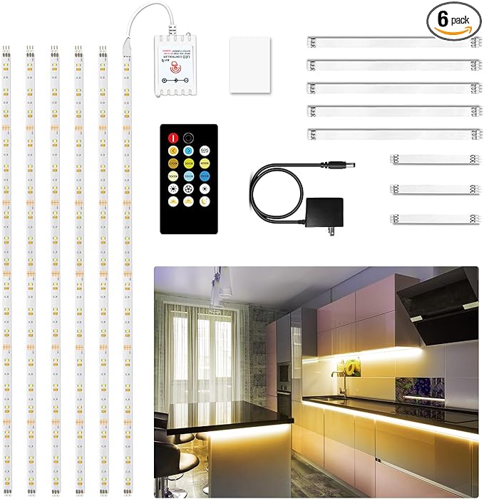 DAYBETTER Under Cabinet Lights, 6 PCS Under Cabinet Lighting with Remote, Dimmable LED Strip Lights for Bedroom, LED Lights for Kitchen Cabinet, Counter Shelf 2700K-6500K Warm to Daylight White, 9.8ft