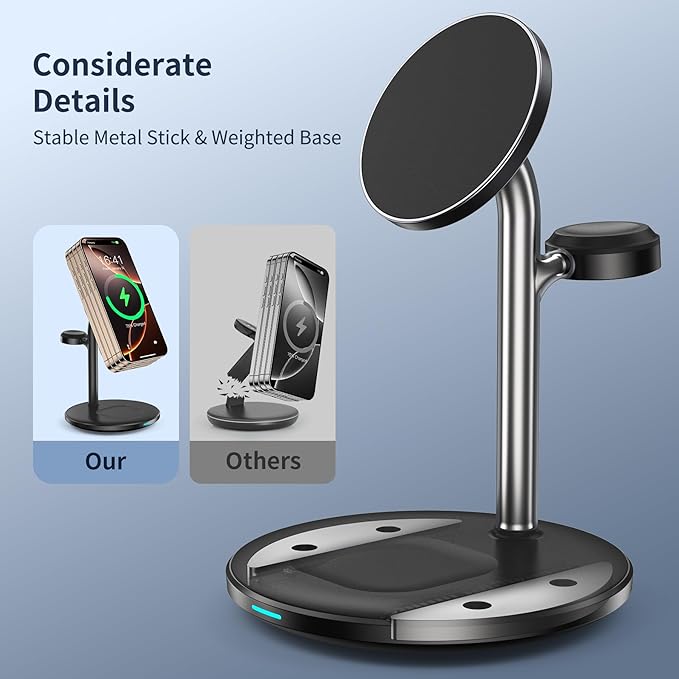 3 in 1 Wireless Charging Station for Apple Devices with MagSafe Charger, 15W Wireless Charger Station for iPhone 17/16/15/14/13/12 Pro Max Air Plus Mini, iWatch&AirPods(with 20W Adapter)