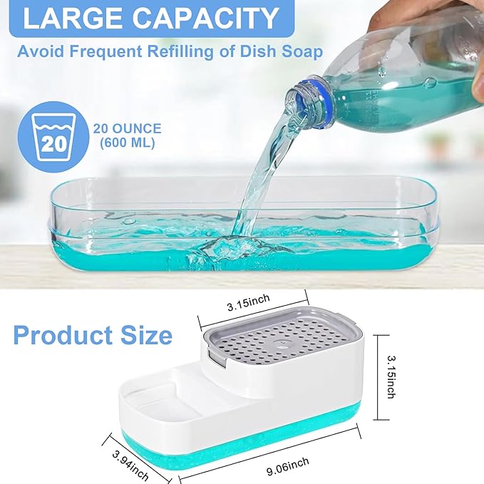 Dish Soap Dispenser for Kitchen Sink with Sponge Holder 3 in 1 Easy Refill Dish Soap Dispenser with Sponge Holder 20 Ounces Sponge Soap Dispenser- White