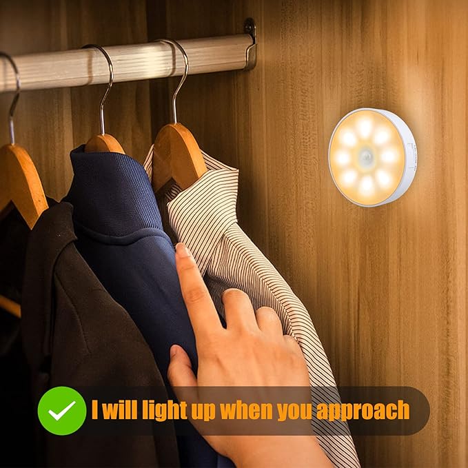 3 Pack Motion Sensor Light, 8 LEDs Rechargeable Night Light, with USB Cable & Magnetic Patch, 3 Modes, Cordless Safe Wall Light for Kitchen, Bookshelves, Drawers - 3000K Warm White