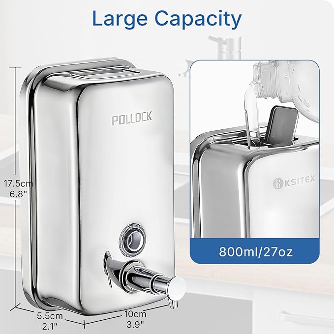 Commercial Soap Dispenser Wall Mounted, 27oz Stainless Steel Hand Soap Dsipenser, Liquid Manual Anti-Leak Pump Soap Dispenser, Rust-Proof Lining Liquid Hand Sanitizer Dispenser for Bathroom
