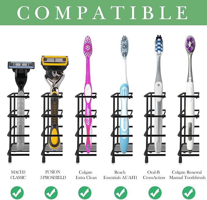 Linkidea Wall Mount Toothbrush Holder for Shower, Stainless Steel Tooth Brush Stand, Countertop 3 Slots Organizer Compatible with Colgate Extra Clean, Oral-B CrossAction (Black)