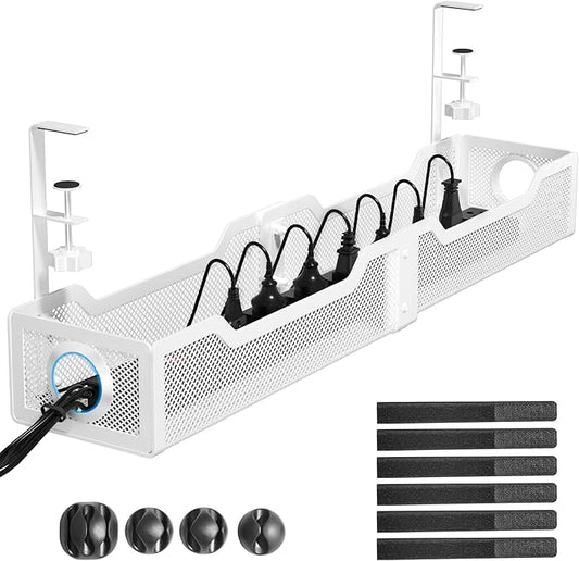 [Upgraded] 25" Extra Large Under Desk Cable Management, Cinati Wire Organizers No Drill, Cable Tray with Clamp for Wire Management, Cord Organization Box for Office, Home - No Damage to Desk(White)