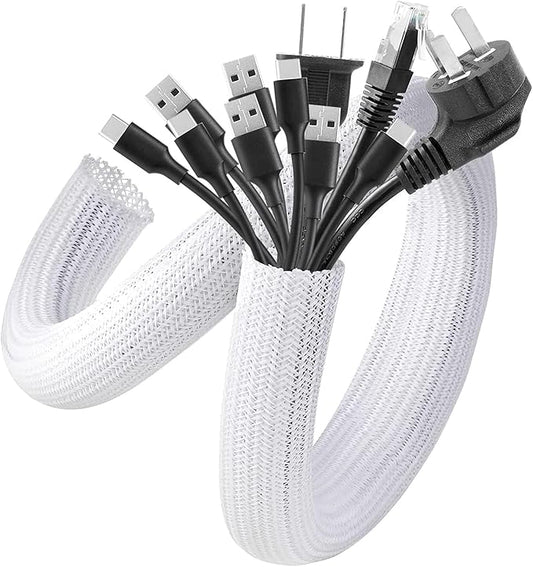 AGPTEK Cable Sleeve, 2Pack 5ft - 1.6 inch Cable Management Desk Cord Cover Organizer Wire Hider for Home Office Computer TV Wire Loom Tubing Pet Proof Cord Protector from Cat Dog Chewing, White