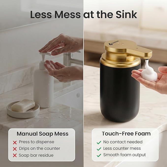 GentleJet SimpleFoam Automatic Foaming Soap Dispenser Touchless Sensor, USB-C Rechargeable, IPX5 Waterproof, Dual Output for Bathroom Kitchen Sink, ABS Compact Design