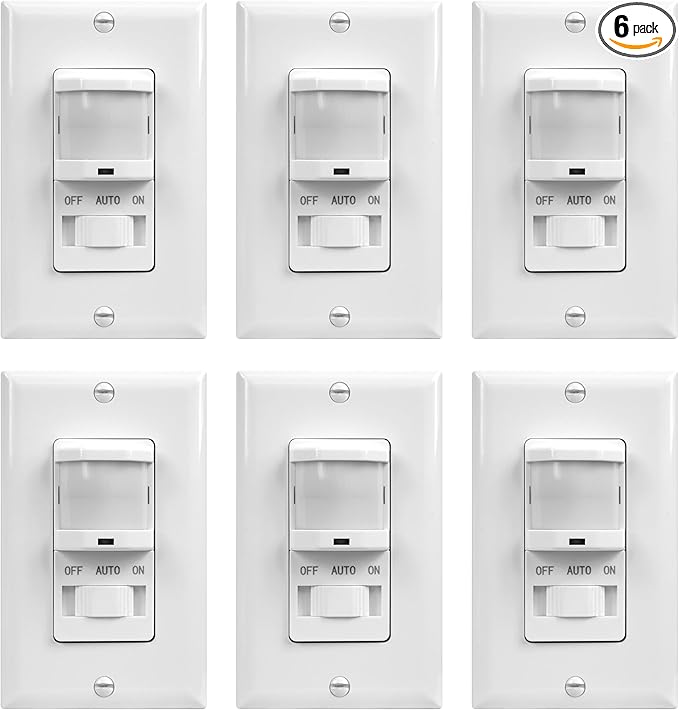 TOPGREENER in-Wall PIR Motion Sensor Light Switch, Motion Sensor Switch, Occupancy Sensor Switch, 4A, 500W, Single Pole, Neutral Wire Required, Wall Plate Included, TSOS5, White, 6 Pack