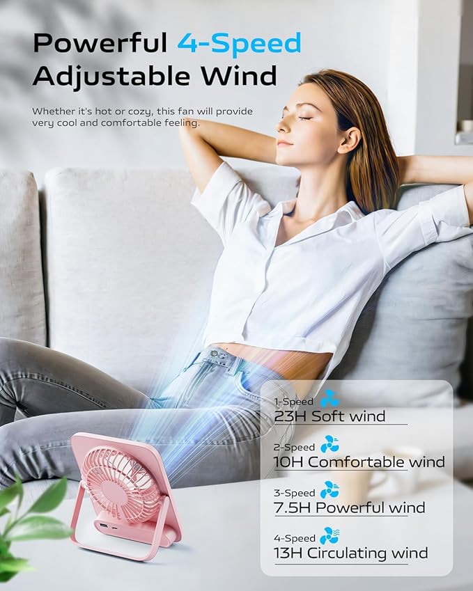 Otlonpe Portable Desk Fan 6.5 Inch, 4000mAh Rechargeable Battery Operated & USB Powered, 23Hrs Cordless Small Personal Fan 4-Speed Quiet for Office Travel Home Sleeping, Led Display, Foldable (Pink)