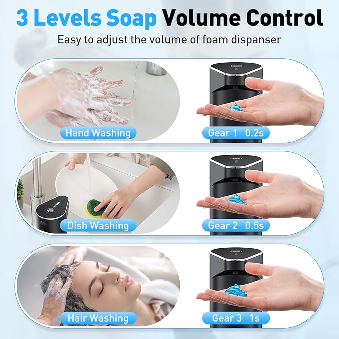 Fantictas Automatic Soap Dispenser,Touchless Hand Wall Mount Rechargeable 3 Gear Adjustable Electric Soap Dispenser 350ml with Infrared Motion Sensor for Bathroom,Kitchen,Office, Black Gel