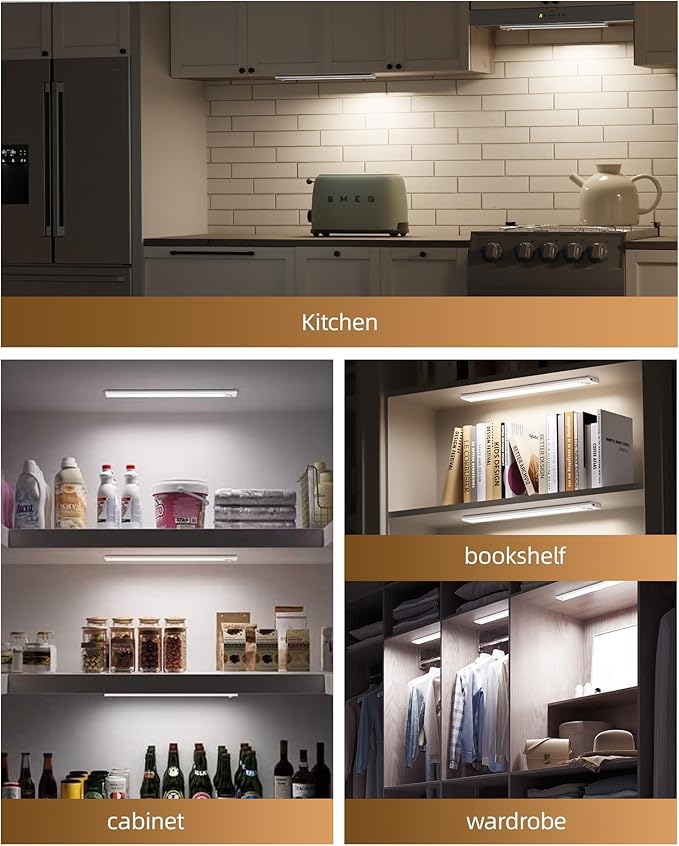 6Pack 12inch Under Cabinet Lighting, Rechargeable Motion Sensor Light Wireless Indoor, Dimmable 3 Color Temps Closet Lights with Remote, Indoor Under Counter LED Lights for Kitchen, Stairs