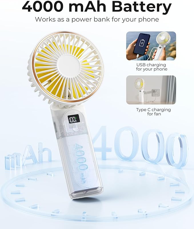 TUNISE Portable Handheld Fan, Portable Fan Rechargeable, 4000mAh, 180° Adjustable, 6 Speed Wind, Display Electricity in Real Time, USB Rechargeable Foldable F an, Quiet Personal Fan with Power Bank