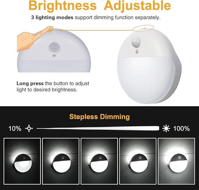 YUNLEX 2 Pack Battery Night Light, Toilet Lights, 2.6" Small Motion Senor Light, Stick on Lights, 3 Light Modes, Dimmable LED Nightlight for Closet, Stairs, Garage, Cabinet, Toliet, Daylight White